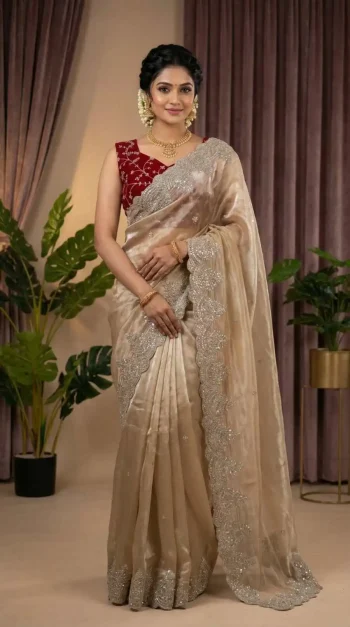 MODERN GMY SILK MULTI SEQUENCE WORK WITH CONTRAST PALLU WORK BORDER WORK SAREE WITH UNSTITCHED BLOUSE CREAM