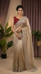 MODERN GMY SILK MULTI SEQUENCE WORK WITH CONTRAST PALLU WORK BORDER WORK SAREE WITH UNSTITCHED BLOUSE CREAM
