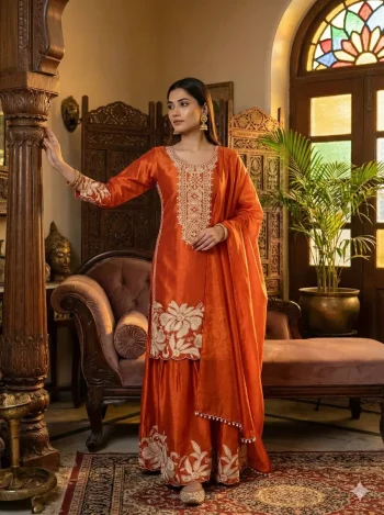 MODERN GMY SILK SEQUENCE EMBROIDERY WORK TOP SHARARA WITH DUPATTA ORANGE