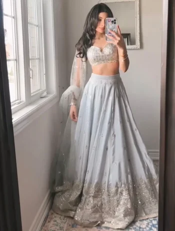 MODERN JAPAN SATIN THREAD WITH SEQUENCE WORK LEHENGA CHOLI WITH DUPATTA GREY