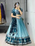 MODERN KANCHIPURAM SILK ZARI WEAVING WITH CONTRAST BORDER AND SILVER-GOLDEN ZARI WORK LEHENGA CHOLI WITH DUPATTA SKY AND RAMA