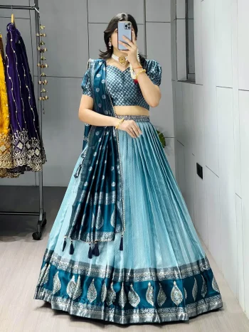 MODERN KANCHIPURAM SILK ZARI WEAVING WITH CONTRAST BORDER AND SILVER-GOLDEN ZARI WORK LEHENGA CHOLI WITH DUPATTA SKY AND RAMA