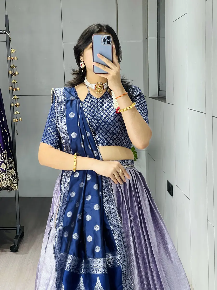 MODERN KANCHIPURAM SILK ZARI WEAVING WITH CONTRAST BORDER AND SILVER-GOLDEN ZARI WORK LEHENGA CHOLI WITH DUPATTA FESTIVE WEAR WHOLESALE PRICE ETHNIC GARMENT (12)