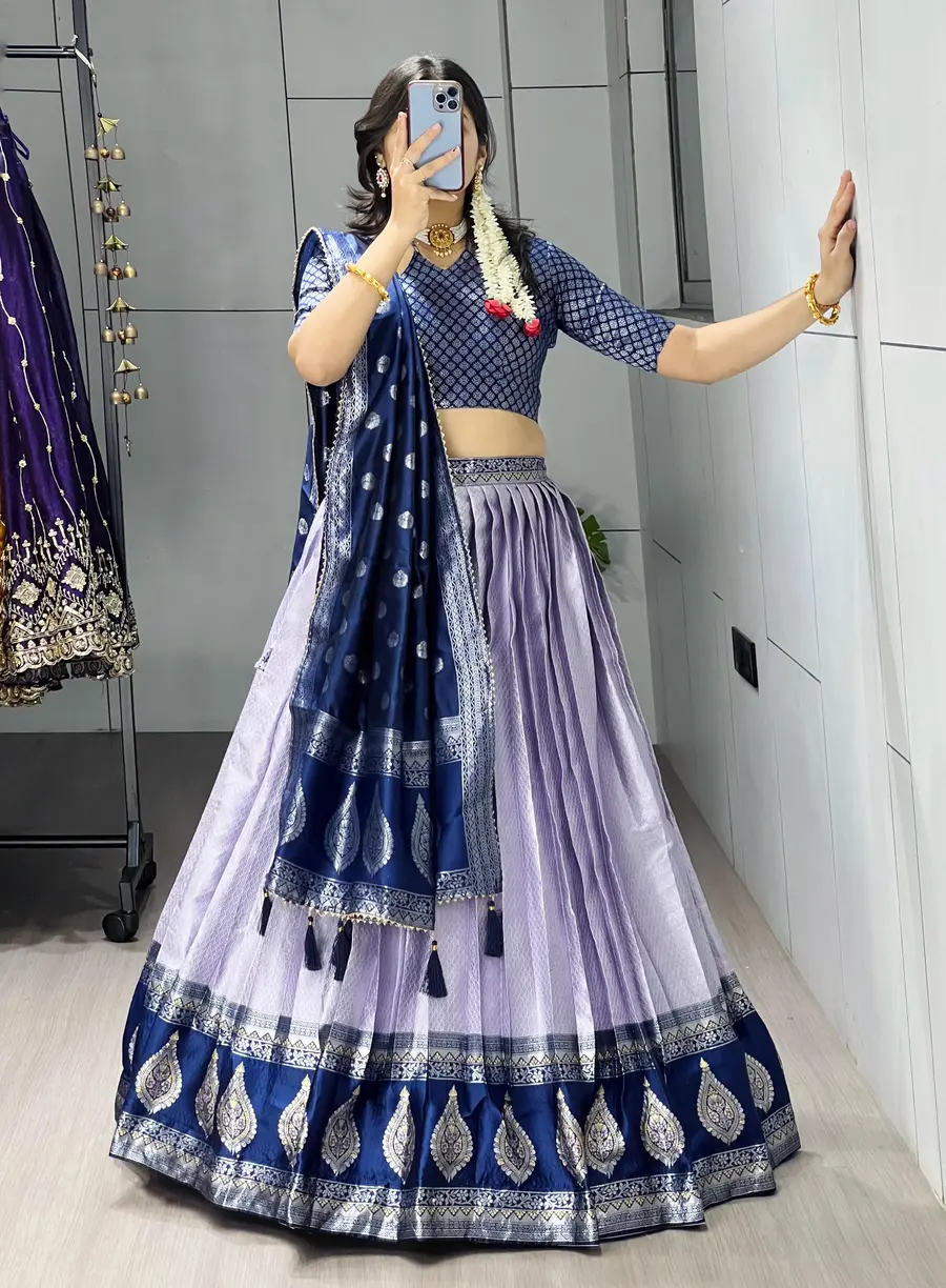 MODERN KANCHIPURAM SILK ZARI WEAVING WITH CONTRAST BORDER AND SILVER-GOLDEN ZARI WORK LEHENGA CHOLI WITH DUPATTA FESTIVE WEAR WHOLESALE PRICE ETHNIC GARMENT (13).webp