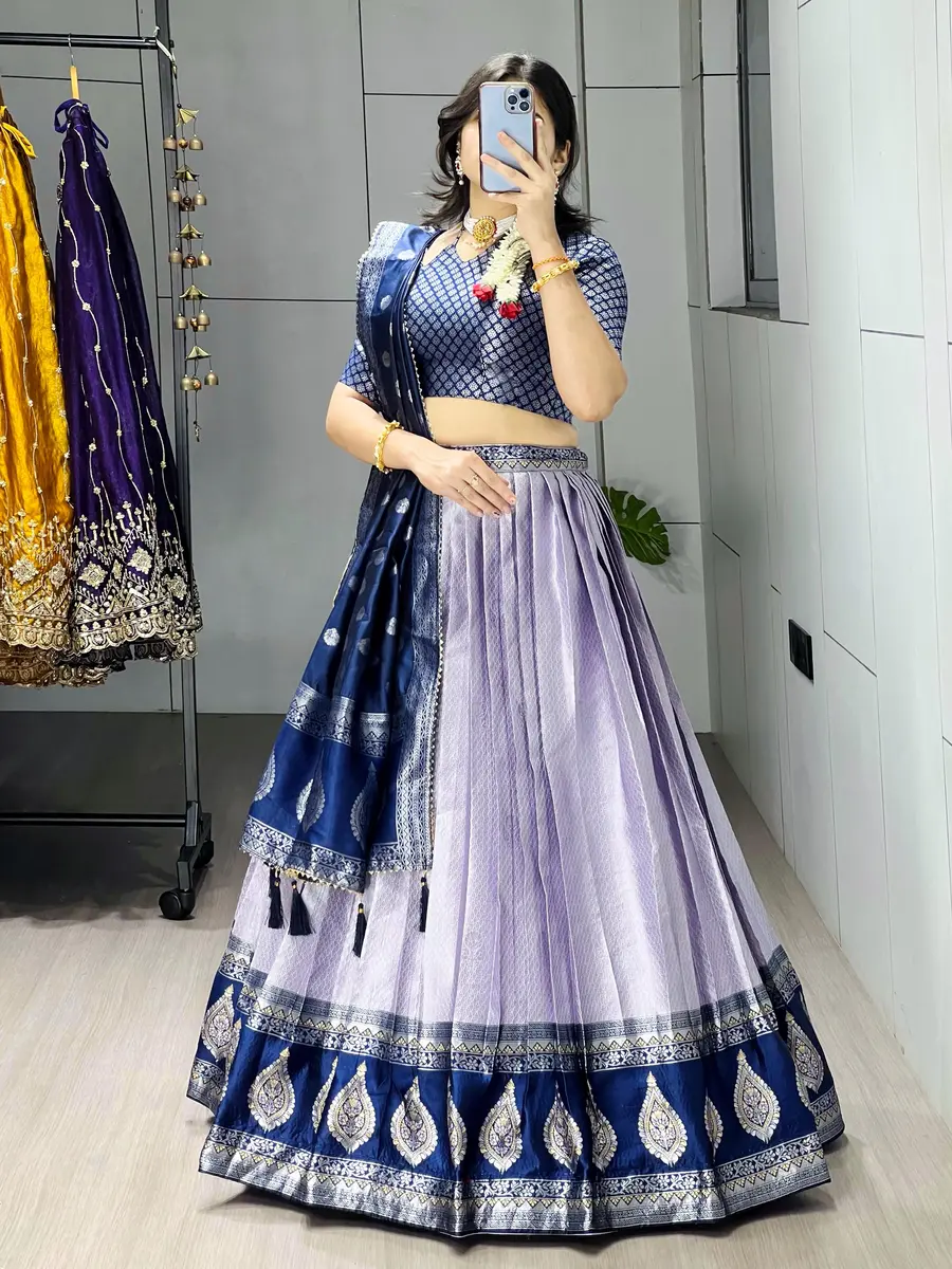 MODERN KANCHIPURAM SILK ZARI WEAVING WITH CONTRAST BORDER AND SILVER-GOLDEN ZARI WORK LEHENGA CHOLI WITH DUPATTA FESTIVE WEAR WHOLESALE PRICE ETHNIC GARMENT (14).webp