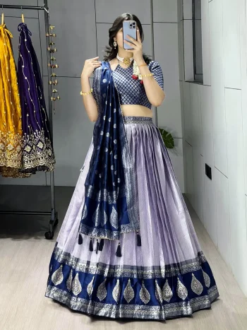 MODERN KANCHIPURAM SILK ZARI WEAVING WITH CONTRAST BORDER AND SILVER-GOLDEN ZARI WORK LEHENGA CHOLI WITH DUPATTA PURPLE AND BLUE