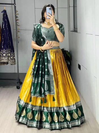 MODERN KANCHIPURAM SILK ZARI WEAVING WITH CONTRAST BORDER AND SILVER-GOLDEN ZARI WORK LEHENGA CHOLI WITH DUPATTA YELLOW AND GREEN