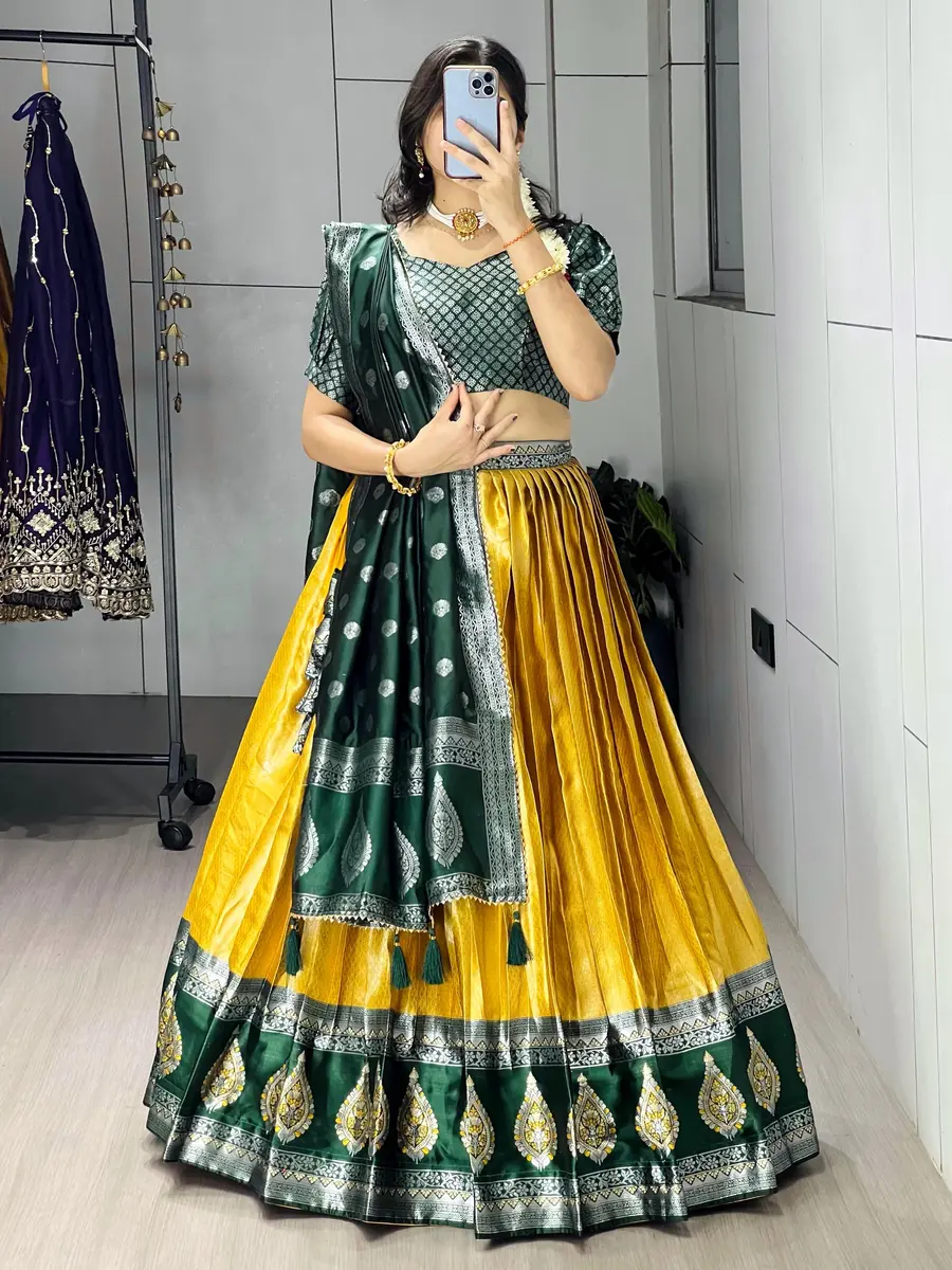 MODERN KANCHIPURAM SILK ZARI WEAVING WITH CONTRAST BORDER AND SILVER-GOLDEN ZARI WORK LEHENGA CHOLI WITH DUPATTA FESTIVE WEAR WHOLESALE PRICE ETHNIC GARMENT (2).webp