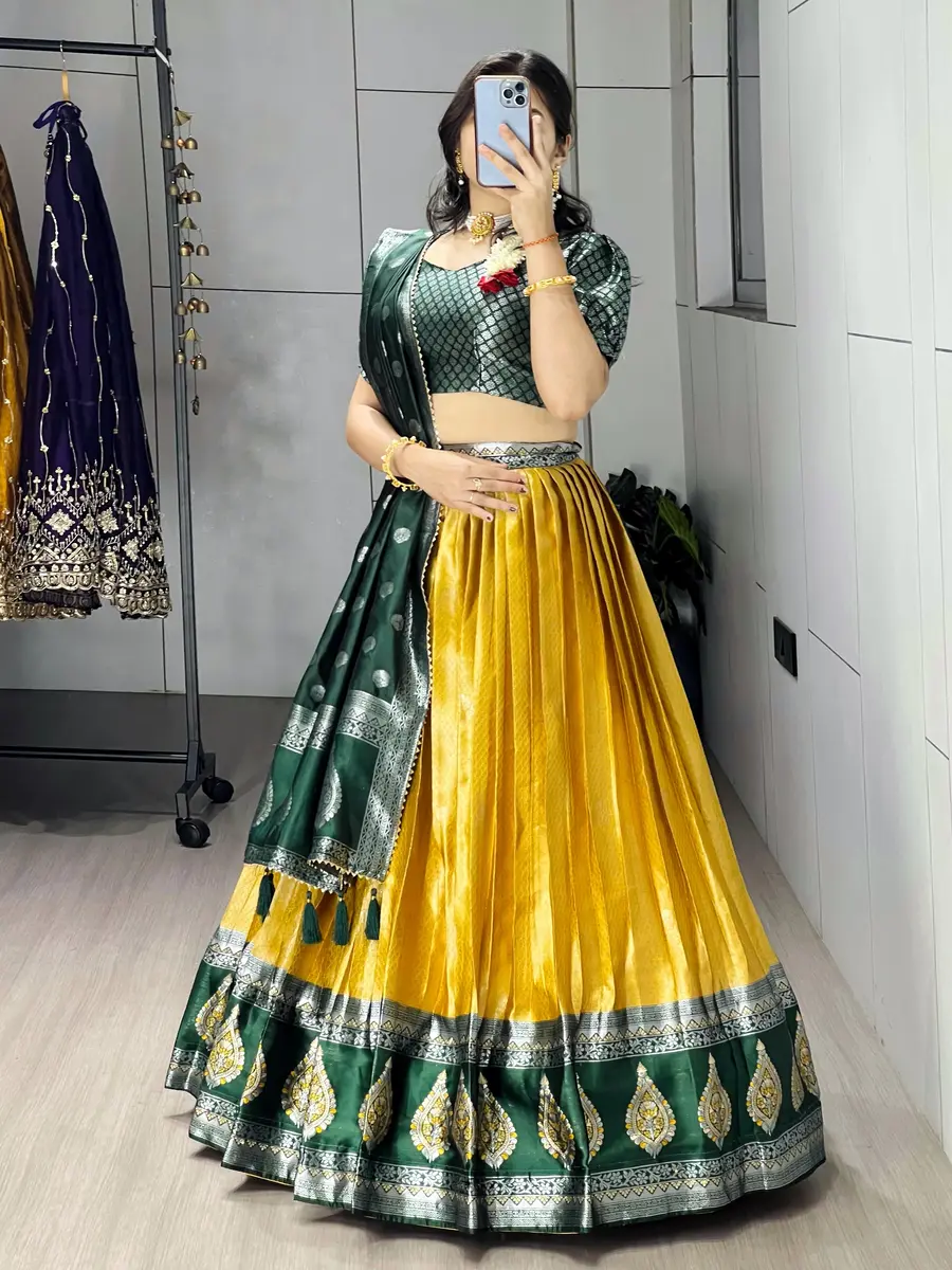MODERN KANCHIPURAM SILK ZARI WEAVING WITH CONTRAST BORDER AND SILVER-GOLDEN ZARI WORK LEHENGA CHOLI WITH DUPATTA FESTIVE WEAR WHOLESALE PRICE ETHNIC GARMENT (3).webp