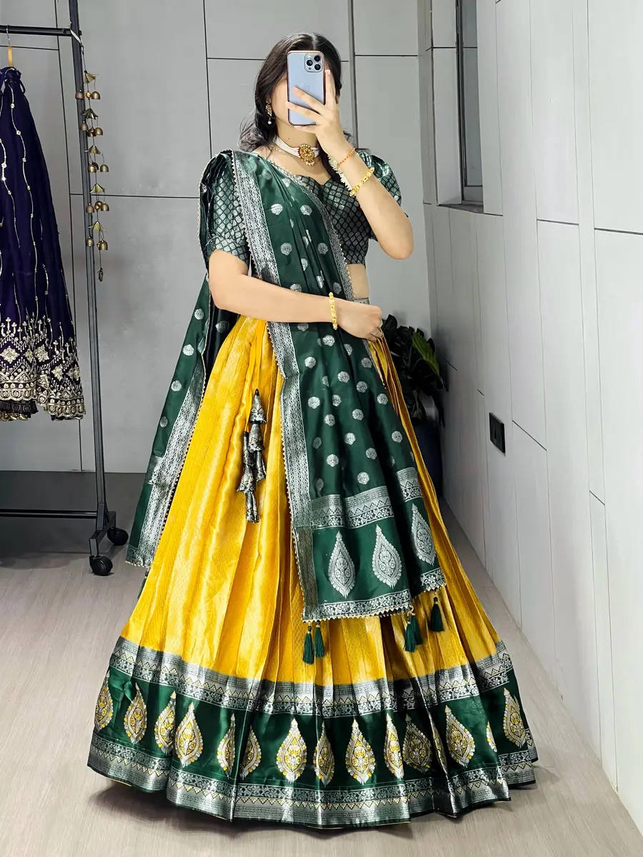 MODERN KANCHIPURAM SILK ZARI WEAVING WITH CONTRAST BORDER AND SILVER-GOLDEN ZARI WORK LEHENGA CHOLI WITH DUPATTA FESTIVE WEAR WHOLESALE PRICE ETHNIC GARMENT (4).webp