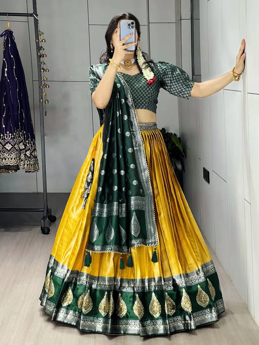 MODERN KANCHIPURAM SILK ZARI WEAVING WITH CONTRAST BORDER AND SILVER-GOLDEN ZARI WORK LEHENGA CHOLI WITH DUPATTA FESTIVE WEAR WHOLESALE PRICE ETHNIC GARMENT (6).webp