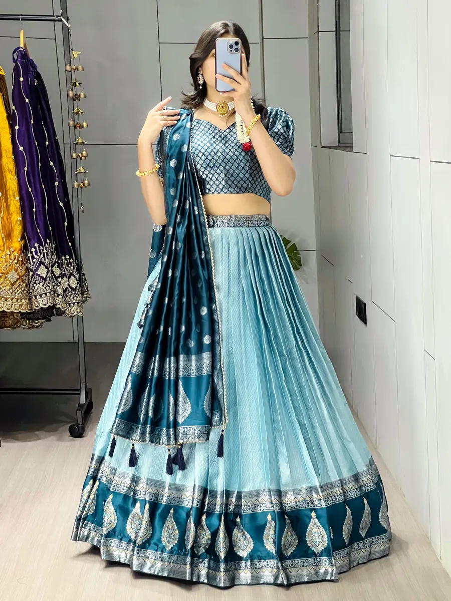 MODERN KANCHIPURAM SILK ZARI WEAVING WITH CONTRAST BORDER AND SILVER-GOLDEN ZARI WORK LEHENGA CHOLI WITH DUPATTA FESTIVE WEAR WHOLESALE PRICE ETHNIC GARMENT (7).webp