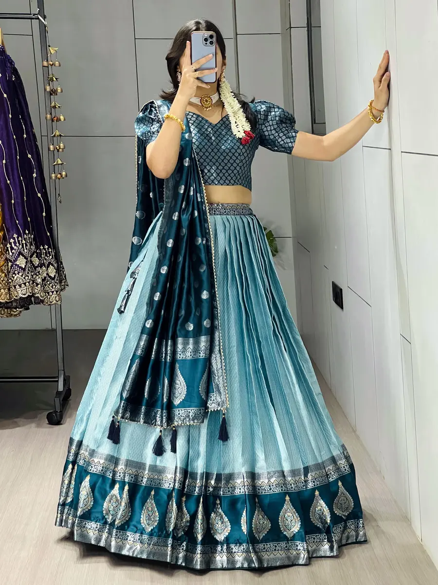 MODERN KANCHIPURAM SILK ZARI WEAVING WITH CONTRAST BORDER AND SILVER-GOLDEN ZARI WORK LEHENGA CHOLI WITH DUPATTA FESTIVE WEAR WHOLESALE PRICE ETHNIC GARMENT (8).webp