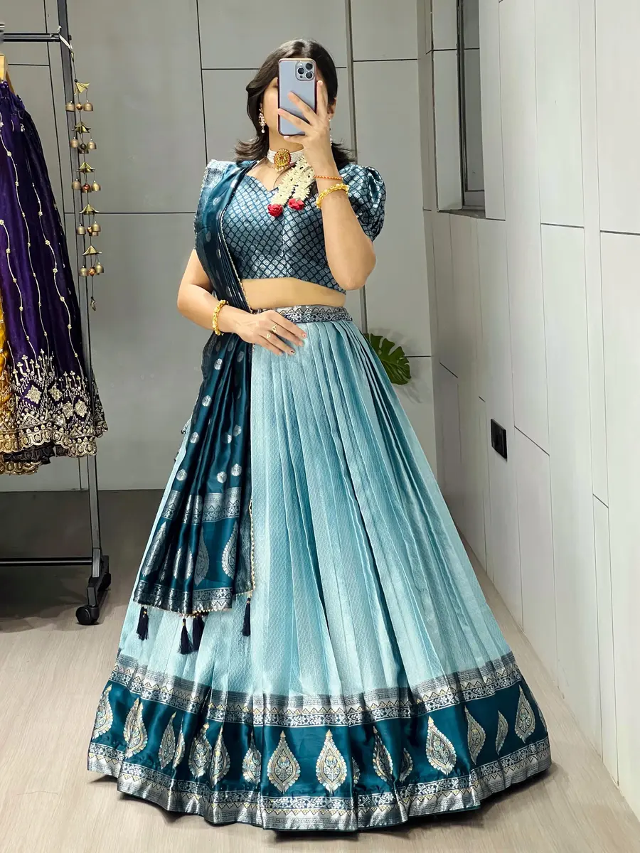 MODERN KANCHIPURAM SILK ZARI WEAVING WITH CONTRAST BORDER AND SILVER-GOLDEN ZARI WORK LEHENGA CHOLI WITH DUPATTA FESTIVE WEAR WHOLESALE PRICE ETHNIC GARMENT (9).webp