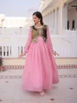 MODERN MUL CHANDERI PLAIN GOWN WITH BEADS & SEQUENCE EMBROIDERY WORK KOTI BABY PINK