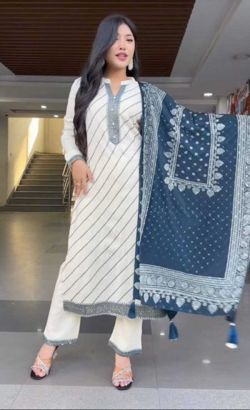 MODERN MUSLIN DIGITAL PRINT WORK TOP BOTTOM WITH DUPATTA OFF WHITE AND BLUE