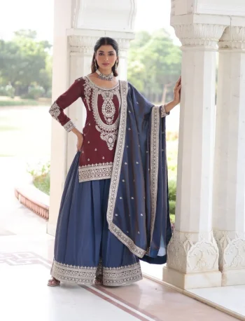 MODERN NC SILK SEQUENCE AND CODING EMBROIDERY WORK TOP PALAZZO WITH DUPATTA BLUE AND MEHNDI