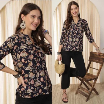 MODERN RAYON SLUB DIGITAL PRINT WORK ONLY TOP BLACK