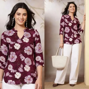 MODERN RAYON SLUB DIGITAL PRINT WORK ONLY TOP WINE