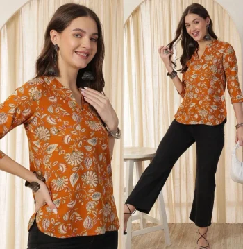 MODERN RAYON SLUB DIGITAL PRINT WORK ONLY TOP YELLOW