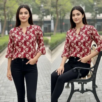 MODERN RAYON SLUB DIGITAL PRINT WORK ONLY TOP MAROON