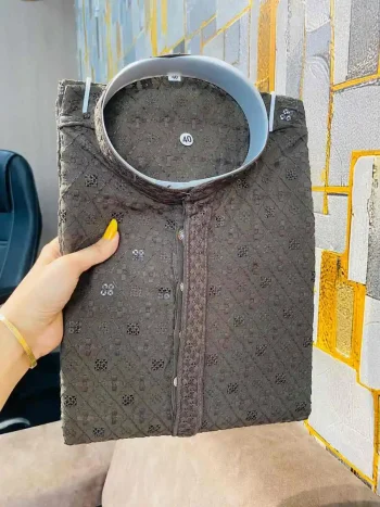 MODERN RAYON THREAD SEQUENCE WORK MEN'S KURTA PAYJAMA GREY