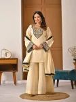 MODERN ROMAN SILK EMBROIDERY WITH DIAMOND WORK TOP PALAZZO WITH DUPATTA CREAM