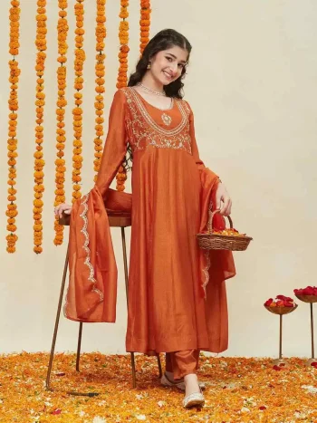MODERN SILK BLEND EMBROIDERY WORK TOP BOTTOM WITH DUPATTA ORANGE