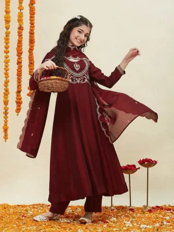 MODERN SILK BLEND EMBROIDERY WORK TOP BOTTOM WITH DUPATTA MAROON