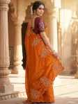 MODERN SILK HANDWORK CUT DANA WITH ZARKAN DIAMOND CUT WORK BORDER WORK SAREE WITH UNSTITCHED BLOUSE ORANGE