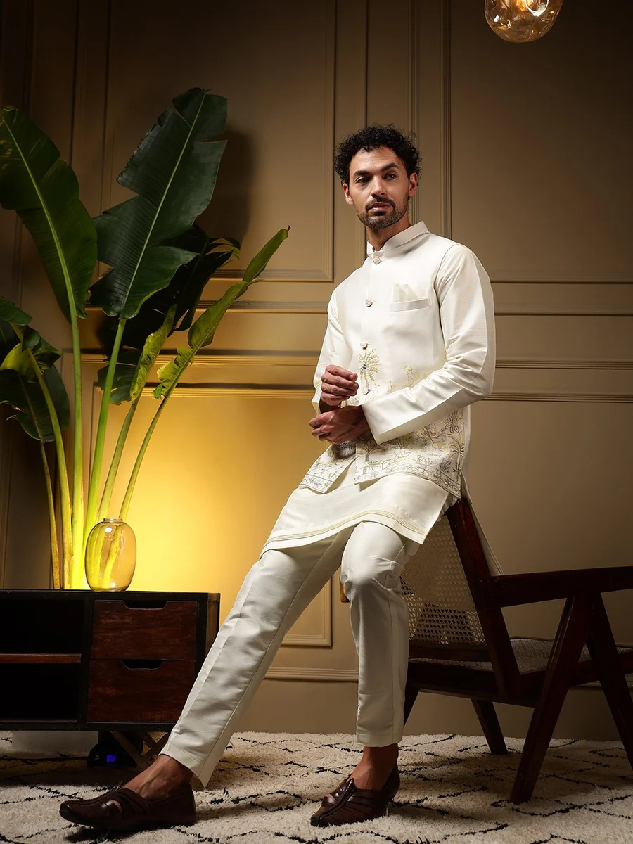 MODERN SILK PLAIN KURTA PAYJAMA WITH EMBROIDERY SEQUENCE WORK KOTI WEDDING WEAR WHOLESALE PRICE ETHNIC GARMENT (42)