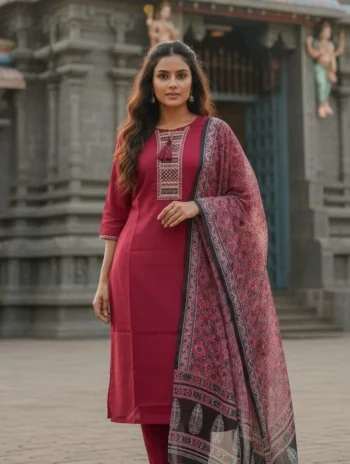 MODERN SLUB COTTON EMBROIDERY WORK TOP BOTTOM WITH DUPATTA MAROON