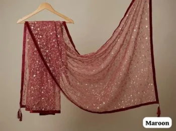 MODERN SOFT NET ZARI + SEQUENCE EMBROIDERY WORK ONLY DUPATTA MAROON