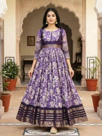 MODERN SOFT SILK KALAMKARI PRINT WITH WEAVING ZARI BORDER WORK GOWN PURPLE