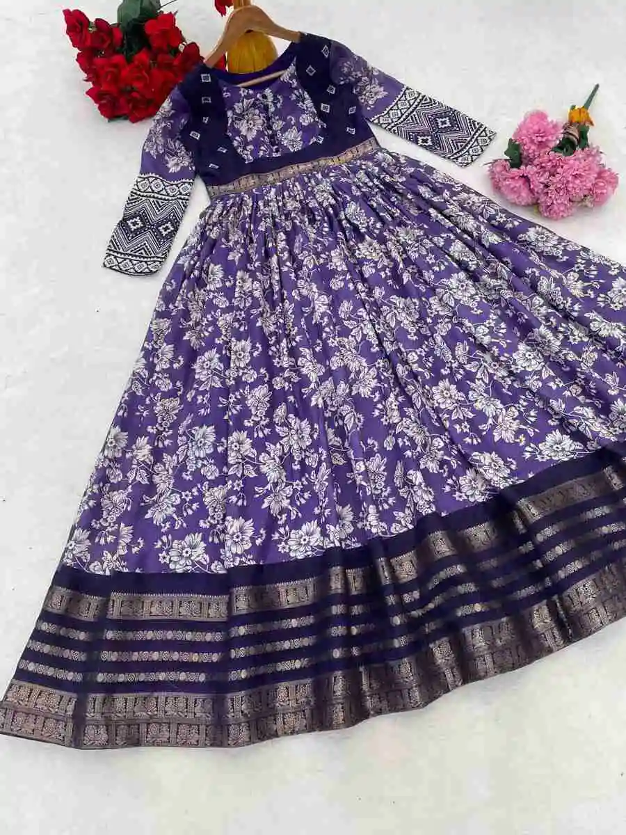 MODERN SOFT SILK KALAMKARI PRINT WITH WEAVING ZARI BORDER WORK GOWN FESTIVE WEAR WHOLESALE PRICE ETHNIC GARMENT (12)