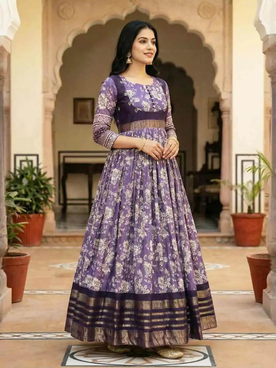 MODERN SOFT SILK KALAMKARI PRINT WITH WEAVING ZARI BORDER WORK GOWN FESTIVE WEAR WHOLESALE PRICE ETHNIC GARMENT (8)