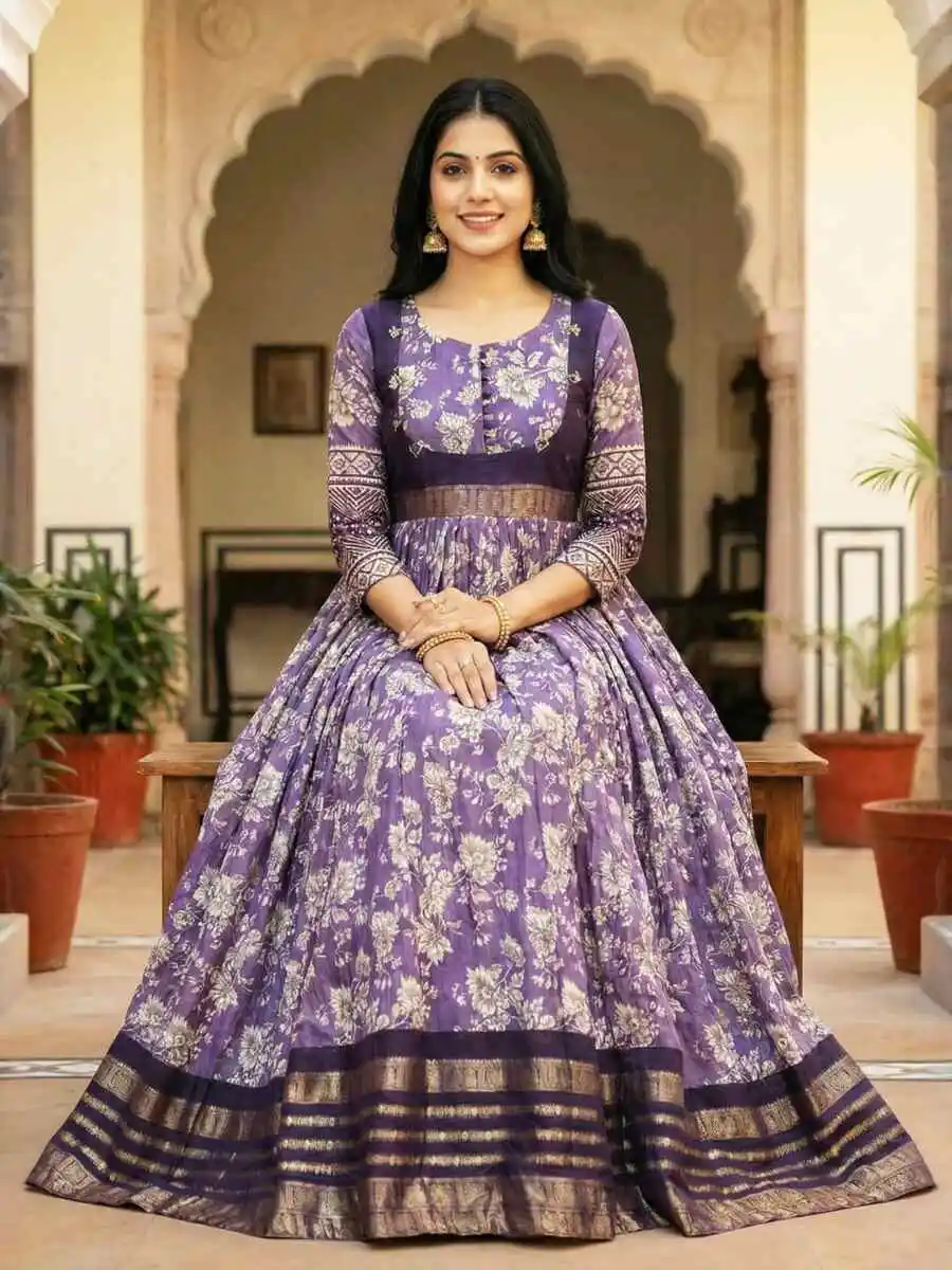 MODERN SOFT SILK KALAMKARI PRINT WITH WEAVING ZARI BORDER WORK GOWN FESTIVE WEAR WHOLESALE PRICE ETHNIC GARMENT (9)