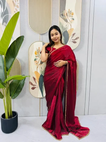 MODERN SPACE SILK BEADS LACE & LATKAN LACE WORK GOWN SAREE MAROON