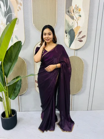 MODERN SPACE SILK BEADS LACE & LATKAN LACE WORK GOWN SAREE PURPLE