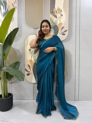 MODERN SPACE SILK BEADS LACE & LATKAN LACE WORK GOWN SAREE TEAL