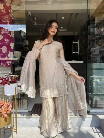 MODERN TISSUE SILK EMBROIDERY SEQUENCE WORK TOP PALAZZO WITH DUPATTA CREAM
