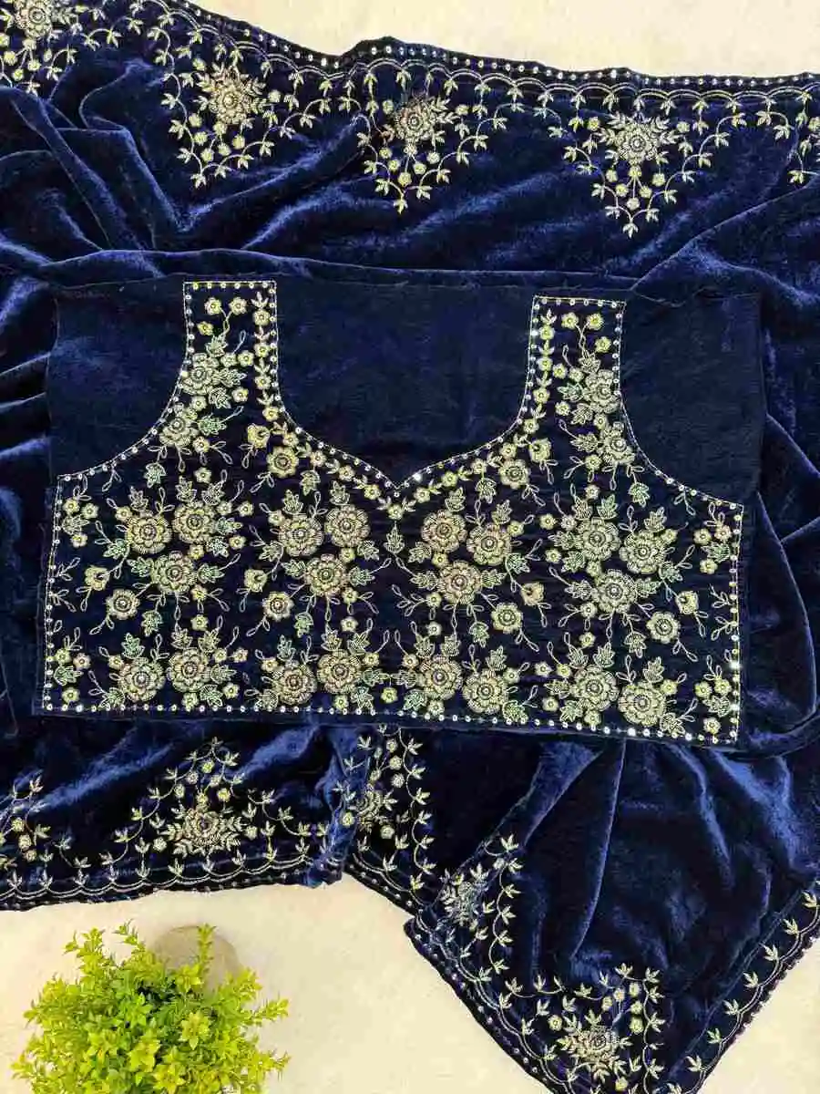MODERN VELVET EMBROIDERY BORDER WORK SAREE WITH UNSTITCHED BLOUSE PARTY WEAR WHOLESALE PRICE ETHNIC GARMENT (1)