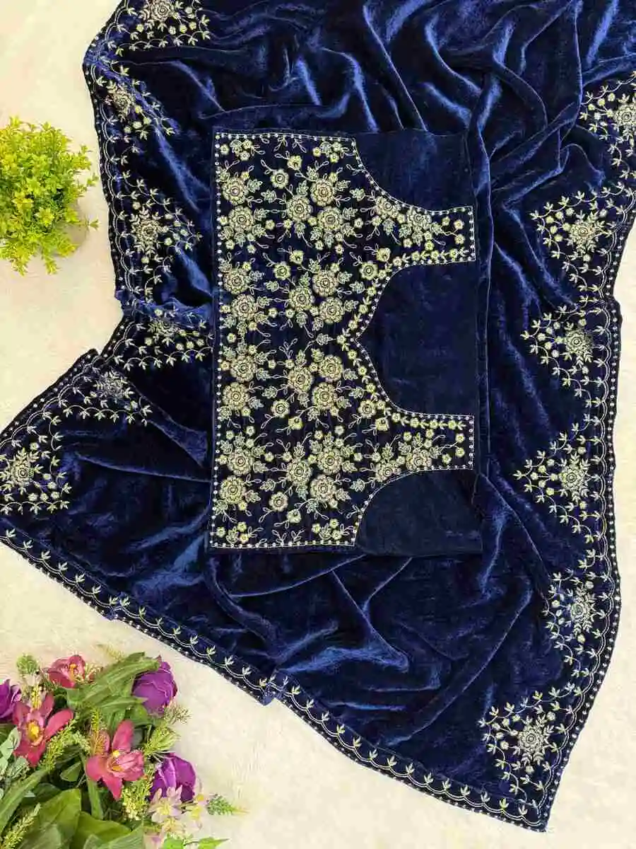 MODERN VELVET EMBROIDERY BORDER WORK SAREE WITH UNSTITCHED BLOUSE PARTY WEAR WHOLESALE PRICE ETHNIC GARMENT (11)