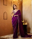 MODERN VELVET EMBROIDERY SEQUENCE WORK SAREE WITH STITCHED BLOUSE PURPLE