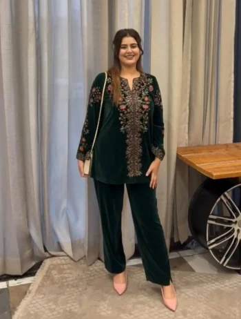 MODERN VELVET EMBROIDERY WORK CO-ORD SET GREEN