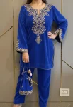 MODERN VELVET EMBROIDERY WORK TOP PENT SET BLUE