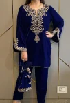 MODERN VELVET EMBROIDERY WORK TOP PENT SET NAVY BLUE