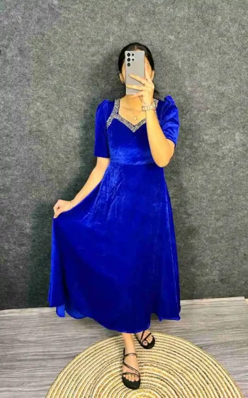 MODERN VELVET HAND WORK GOWN BLUE
