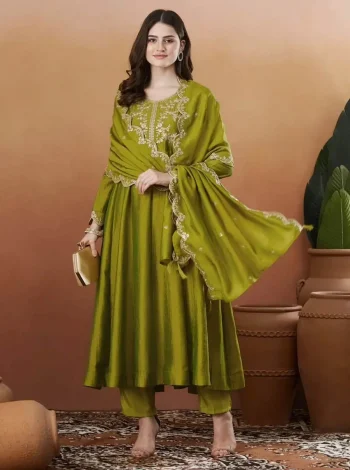 MODERN VICHITRA SILK CODING EMBROIDERY SELF WEAVING WORK TOP BOTTOM WITH DUPATTA PARROT GREEN