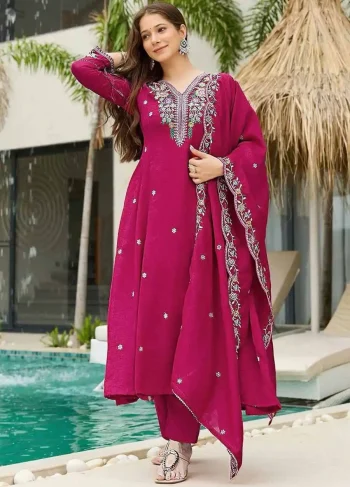 MODERN VICHITRA SILK EMBROIDERY WORK TOP BOTTOM WITH DUPATTA PINK